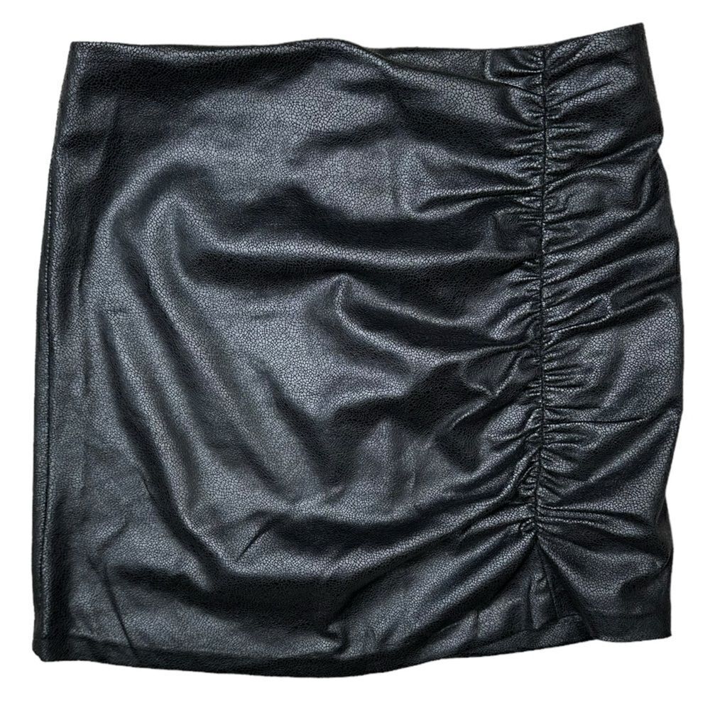 DREW Black Onyx Vegan Leather Side Ruched Sexy Mini Skirt